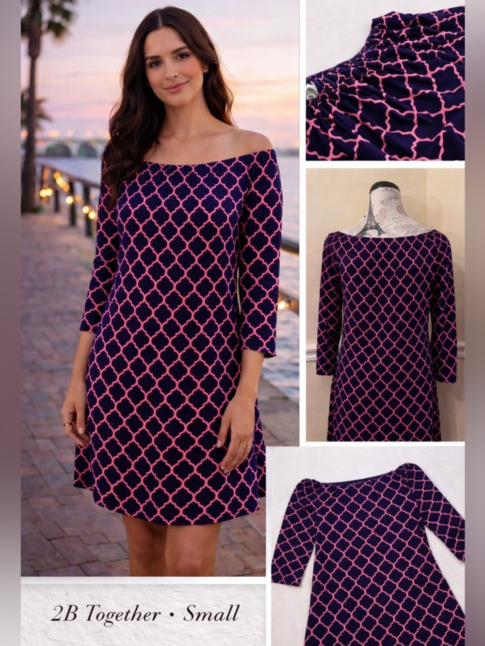 Boho Style Dress with Pink and Navy Pattern - Picture 2 of 9